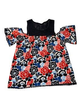 crown & ivy Navy Crochet Yoke Floral Top with Red Accents